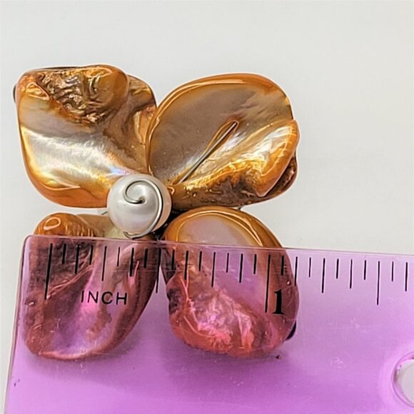 Orange Sea Shell Freshwater Pearl Bead Asymmetric Flower Adjustable Ring - Picture 4 of 13